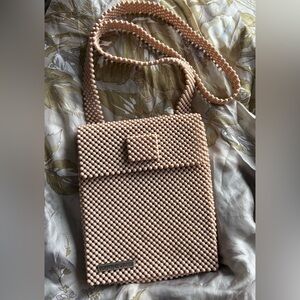 Beaded Crossbody Bag in Light Blush Pink with Fold-Over Flap